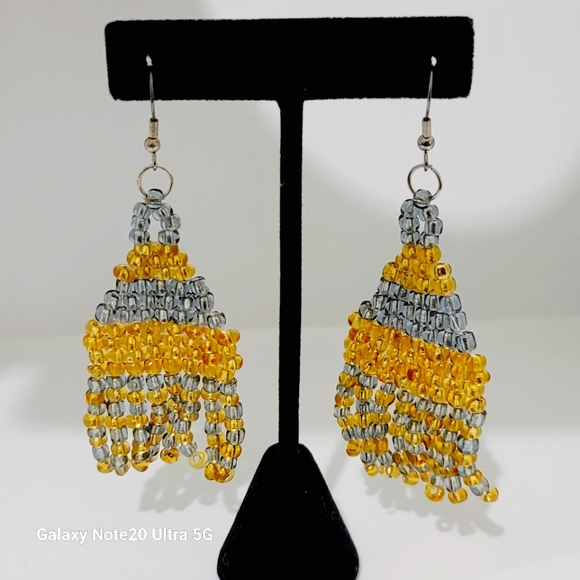 Boho Style Pyramid Tassel Czech Glass Beaded Dangle Earrings Gold and Silver - Picture 4 of 4